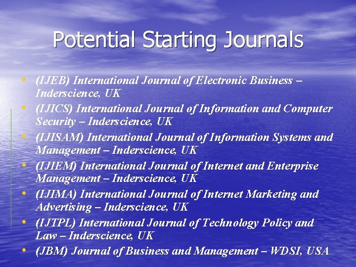 Potential Starting Journals • (IJEB) International Journal of Electronic Business – • • •