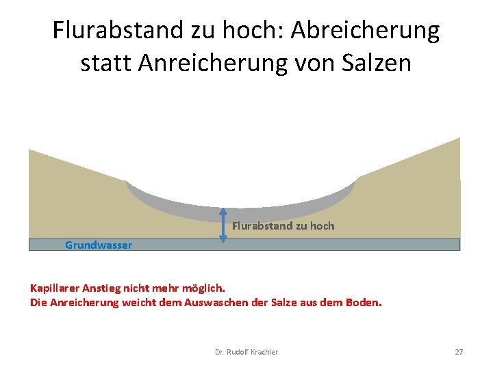 Flurabstand zu hoch: Abreicherung statt Anreicherung von Salzen Flurabstand zu hoch Grundwasser Kapillarer Anstieg