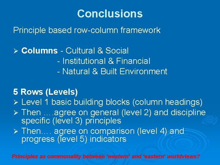 Conclusions Principle based row-column framework Ø Columns - Cultural & Social - Institutional &