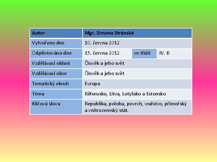 Autor Mgr. Simona Stránská Vytvořeno dne 10. června 2012 Odpilotováno dne 15. června 2012 Autor Mgr. Simona Stránská Vytvořeno dne 10. června 2012 Odpilotováno dne 15. června 2012