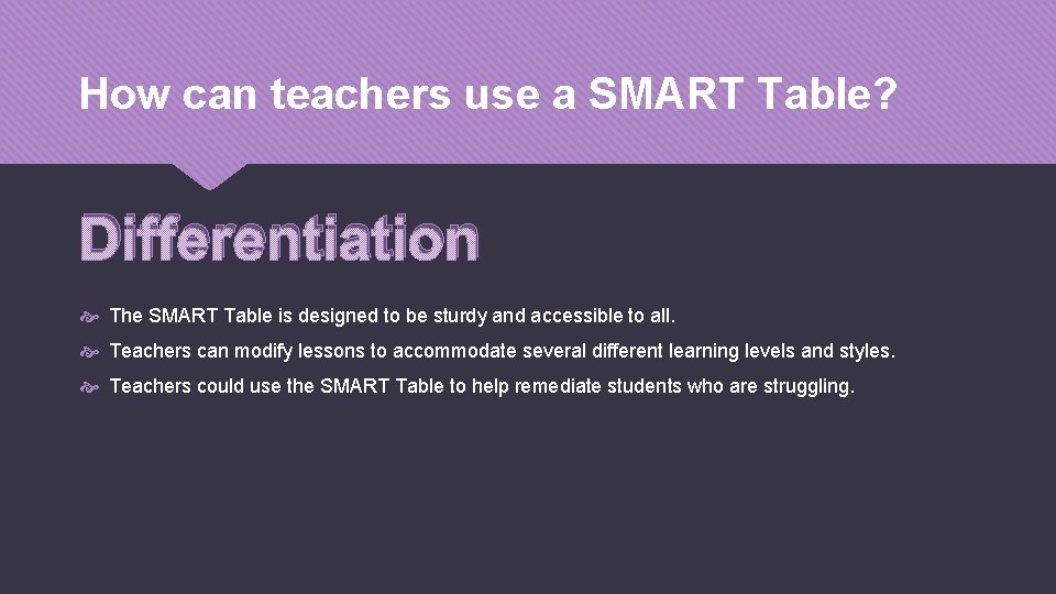 How can teachers use a SMART Table? Differentiation The SMART Table is designed to