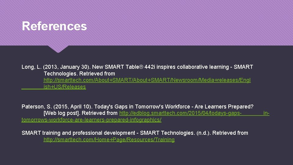 References Long, L. (2013, January 30). New SMART Table® 442 i inspires collaborative learning