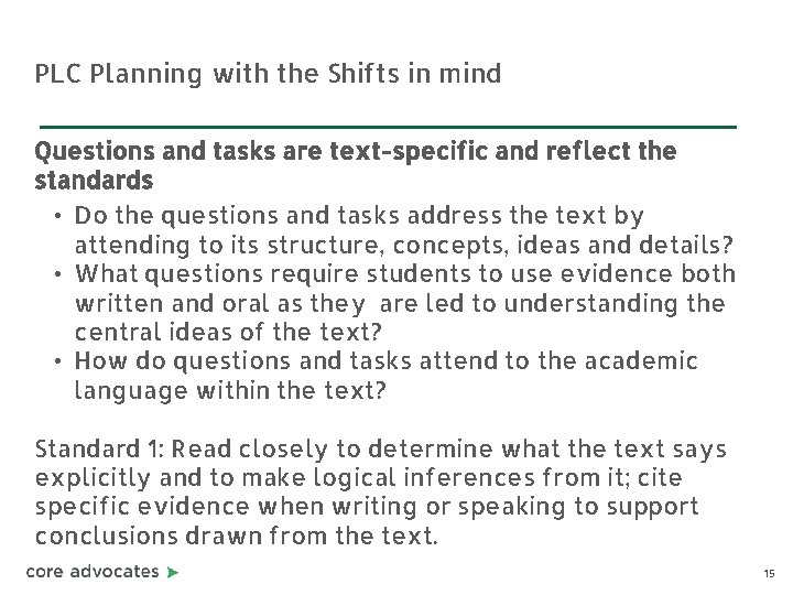 PLC Planning with the Shifts in mind Questions and tasks are text-specific and reflect