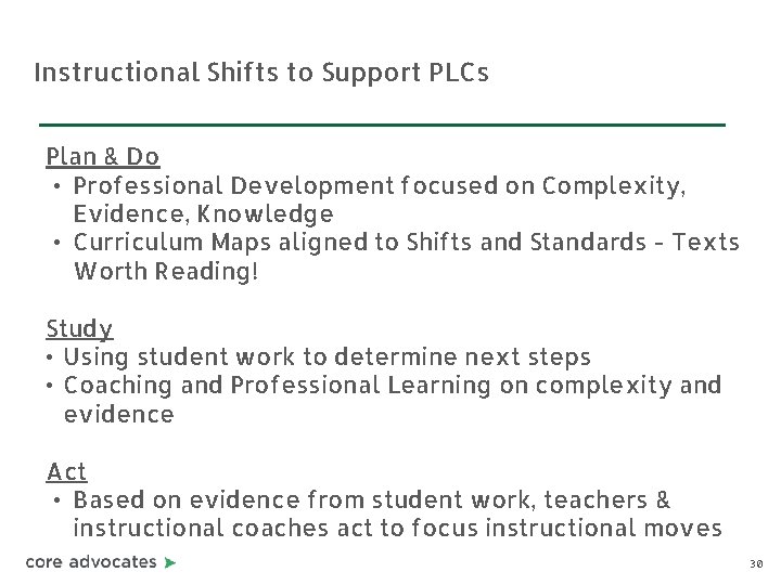 Instructional Shifts to Support PLCs Plan & Do • Professional Development focused on Complexity,