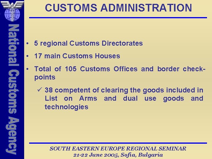 CUSTOMS ADMINISTRATION • 5 regional Customs Directorates • 17 main Customs Houses • Total