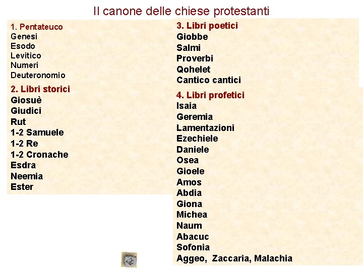 Il canone delle chiese protestanti 1. Pentateuco Genesi Esodo Levitico Numeri Deuteronomio 2. Libri