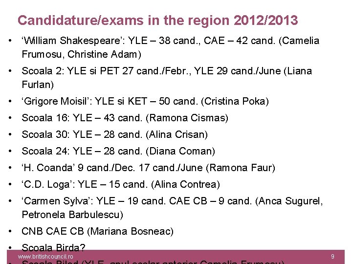 Candidature/exams in the region 2012/2013 • ‘William Shakespeare’: YLE – 38 cand. , CAE