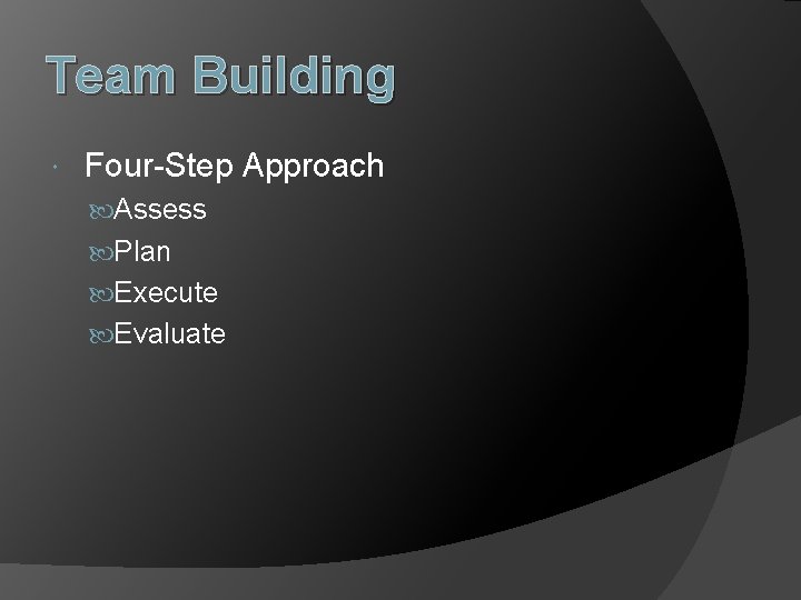 Team Building Four-Step Approach Assess Plan Execute Evaluate 