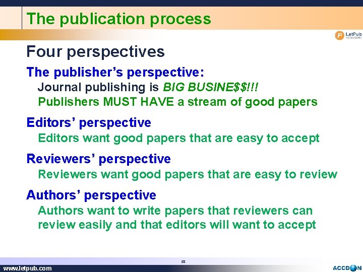 The publication process Four perspectives The publisher’s perspective: Journal publishing is BIG BUSINE$$!!! Publishers