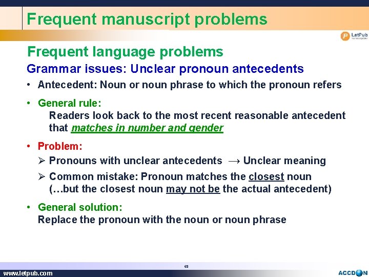 Frequent manuscript problems Frequent language problems Grammar issues: Unclear pronoun antecedents • Antecedent: Noun