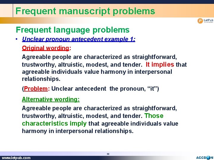 Frequent manuscript problems Frequent language problems • Unclear pronoun antecedent example 1: Original wording: