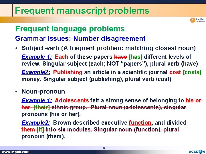 Frequent manuscript problems Frequent language problems Grammar issues: Number disagreement • Subject-verb (A frequent