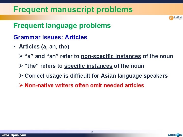 Frequent manuscript problems Frequent language problems Grammar issues: Articles • Articles (a, an, the)
