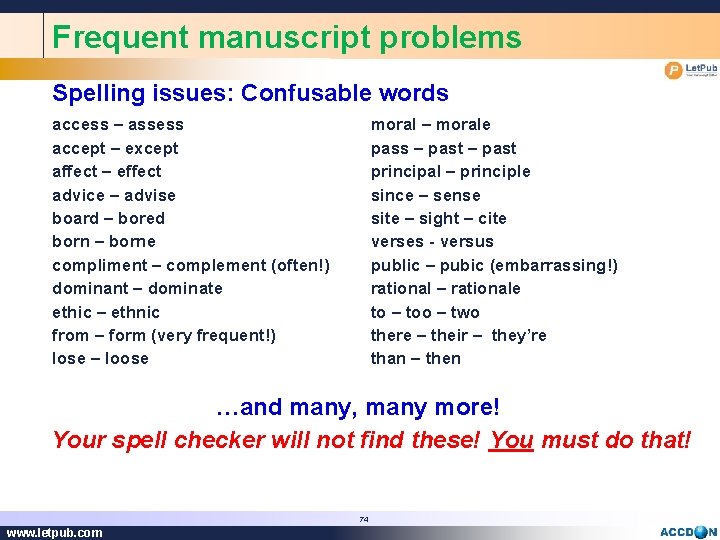 Frequent manuscript problems Spelling issues: Confusable words access – assess accept – except affect