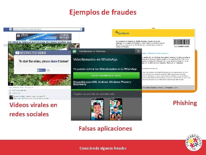 Ejemplos de fraudes Phishing Vídeos virales en redes sociales Falsas aplicaciones Conociendo algunos fraudes