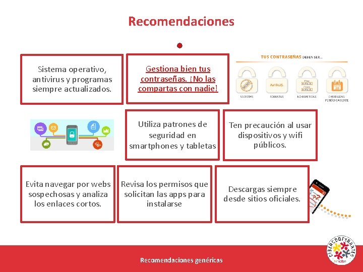 Recomendaciones Sistema operativo, antivirus y programas siempre actualizados. Gestiona bien tus contraseñas. ¡No las