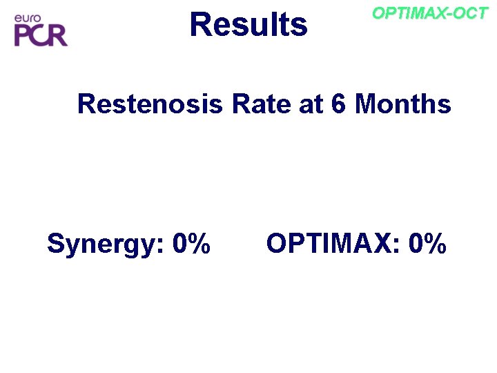 Results OPTIMAX-OCT Restenosis Rate at 6 Months Synergy: 0% OPTIMAX: 0% 