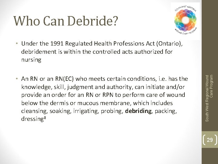 Who Can Debride? • An RN or an RN(EC) who meets certain conditions, i.