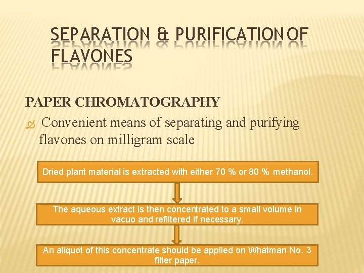 SEPARATION & PURIFICATION OF FLAVONES PAPER CHROMATOGRAPHY Convenient means of separating and purifying flavones