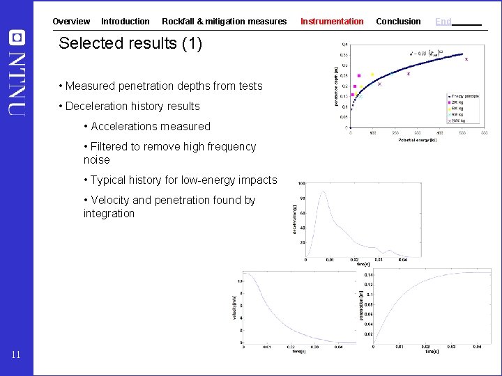 Overview Introduction Rockfall & mitigation measures Selected results (1) • Measured penetration depths from