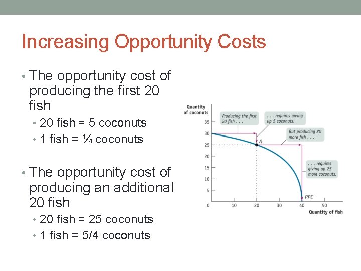 Increasing Opportunity Costs • The opportunity cost of producing the first 20 fish •