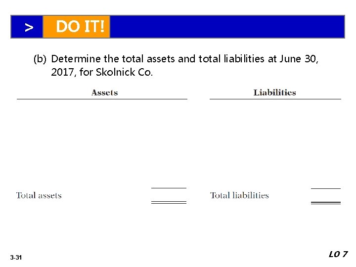 > DO IT! (b) Determine the total assets and total liabilities at June 30,