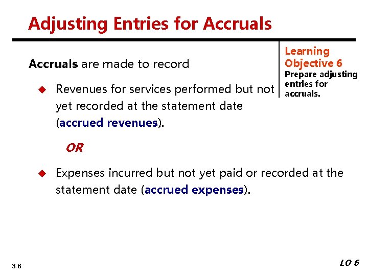 Adjusting Entries for Accruals are made to record u Revenues for services performed but