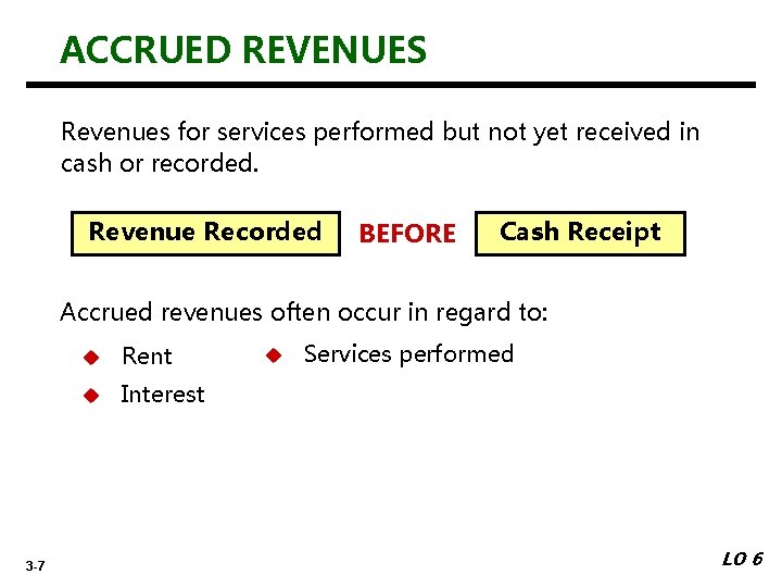 ACCRUED REVENUES Revenues for services performed but not yet received in cash or recorded.