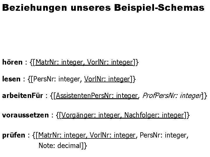 Beziehungen unseres Beispiel-Schemas hören : {[Matr. Nr: integer, Vorl. Nr: integer]} lesen : {[Pers.