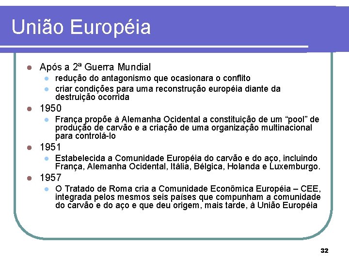 União Européia l Após a 2ª Guerra Mundial l 1950 l l França propõe