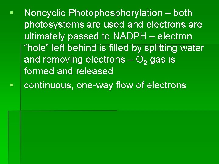 § Noncyclic Photophosphorylation – both photosystems are used and electrons are ultimately passed to