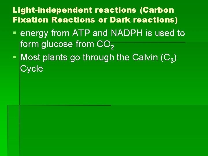 Light-independent reactions (Carbon Fixation Reactions or Dark reactions) § energy from ATP and NADPH