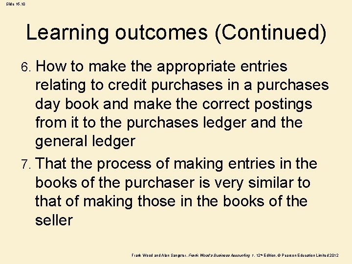 Slide 15. 10 Learning outcomes (Continued) 6. How to make the appropriate entries relating