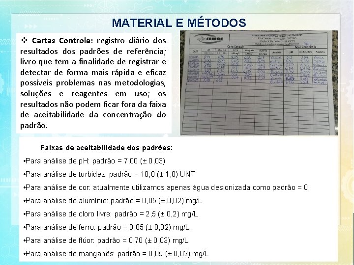 MATERIAL E MÉTODOS v Cartas Controle: registro diário dos resultados padrões de referência; livro