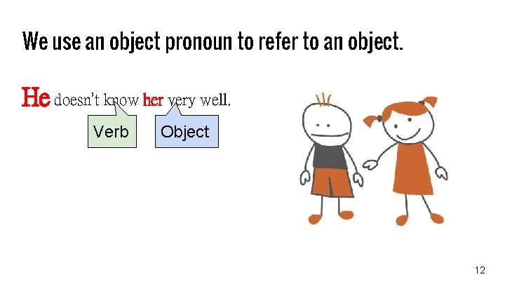 We use an object pronoun to refer to an object. He doesn’t know her