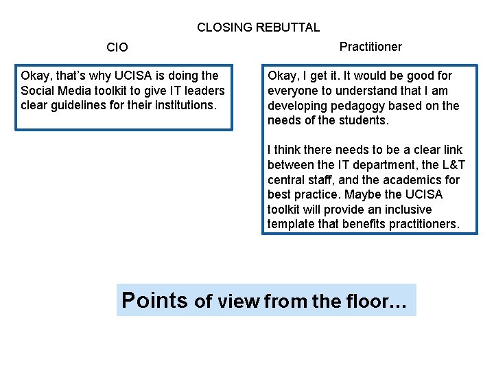  CLOSING REBUTTAL CIO Okay, that’s why UCISA is doing the Social Media toolkit