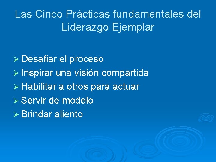 Las Cinco Prácticas fundamentales del Liderazgo Ejemplar Ø Desafiar el proceso Ø Inspirar una