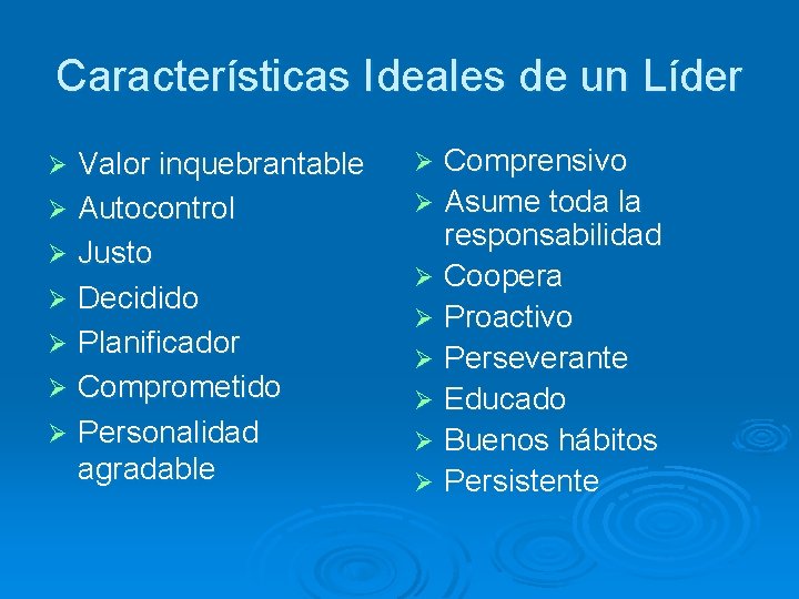 Características Ideales de un Líder Valor inquebrantable Ø Autocontrol Ø Justo Ø Decidido Ø