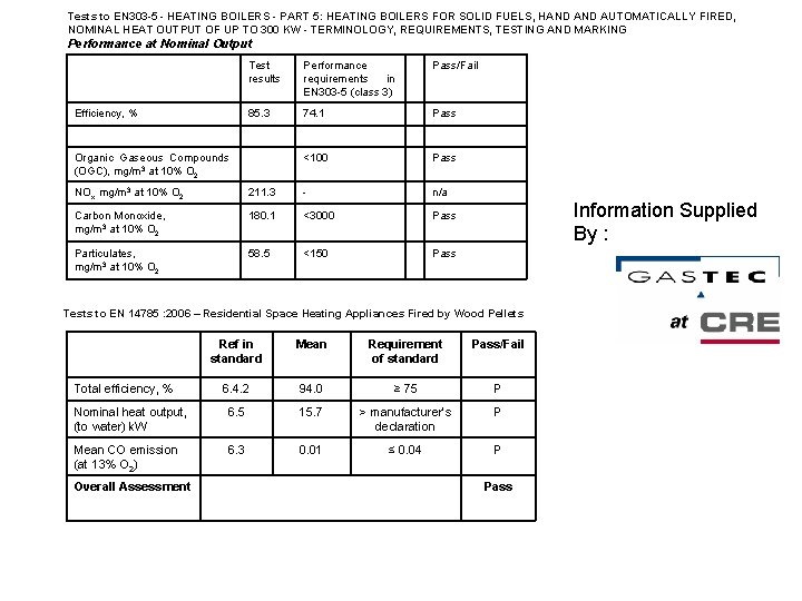 Tests to EN 303 -5 - HEATING BOILERS - PART 5: HEATING BOILERS FOR