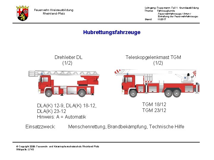 Lehrgang: Truppmann -Teil 1 - Grundausbildung Thema: Fahrzeugkunde -Feuerwehrfahrzeuge / Arten / Einteilung der