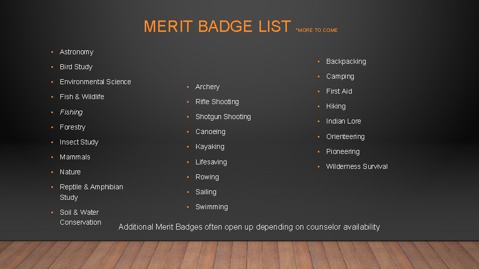 MERIT BADGE LIST *MORE TO COME • Astronomy • Backpacking • Bird Study •