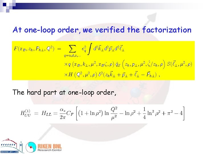 At one-loop order, we verified the factorization The hard part at one-loop order, 