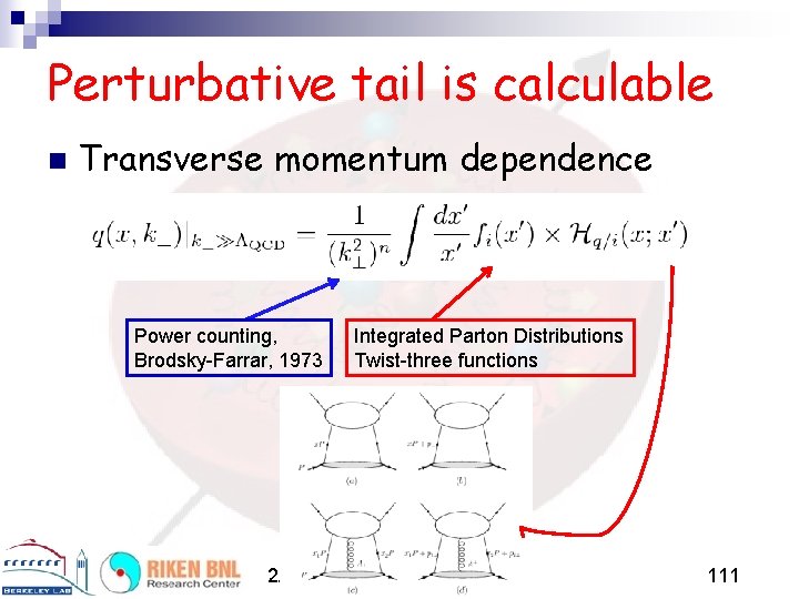 Perturbative tail is calculable n Transverse momentum dependence Power counting, Brodsky-Farrar, 1973 Integrated Parton