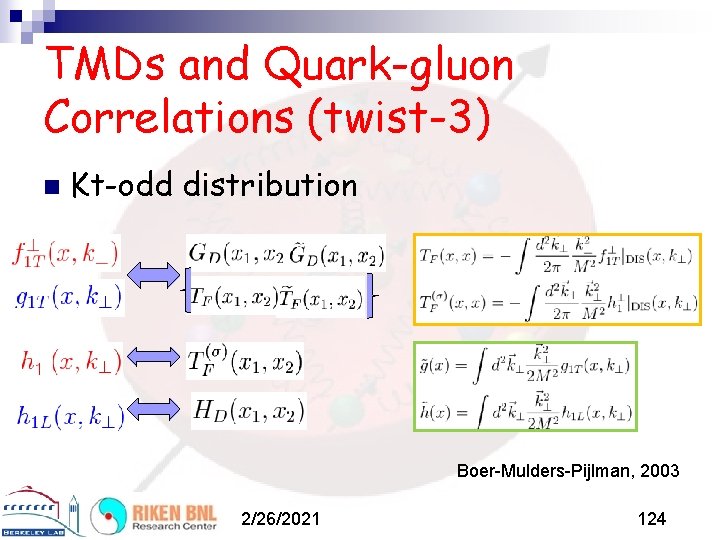 TMDs and Quark-gluon Correlations (twist-3) n Kt-odd distribution Boer-Mulders-Pijlman, 2003 2/26/2021 124 