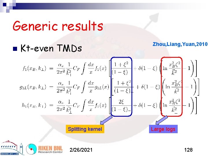 Generic results n Kt-even TMDs Splitting kernel 2/26/2021 Zhou, Liang, Yuan, 2010 Large logs