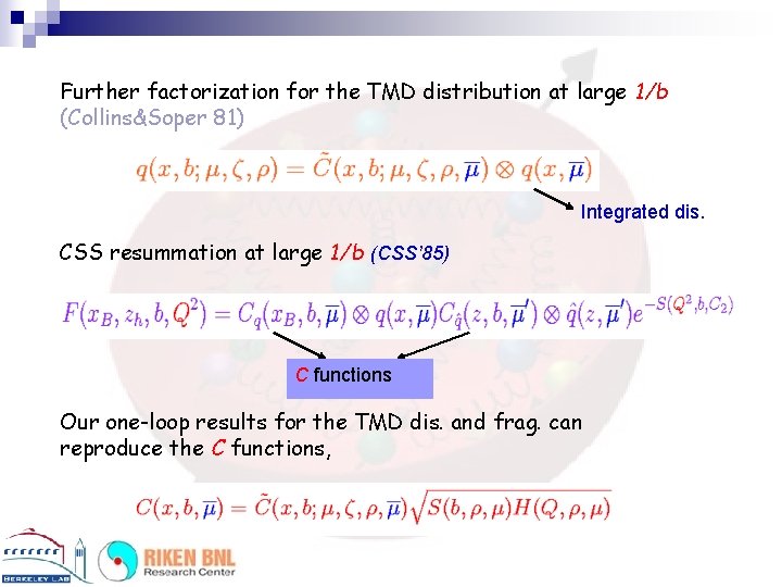 Further factorization for the TMD distribution at large 1/b (Collins&Soper 81) Integrated dis. CSS