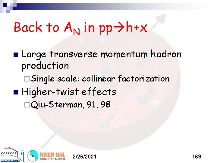 Back to AN in pp h+x n Large transverse momentum hadron production ¨ Single