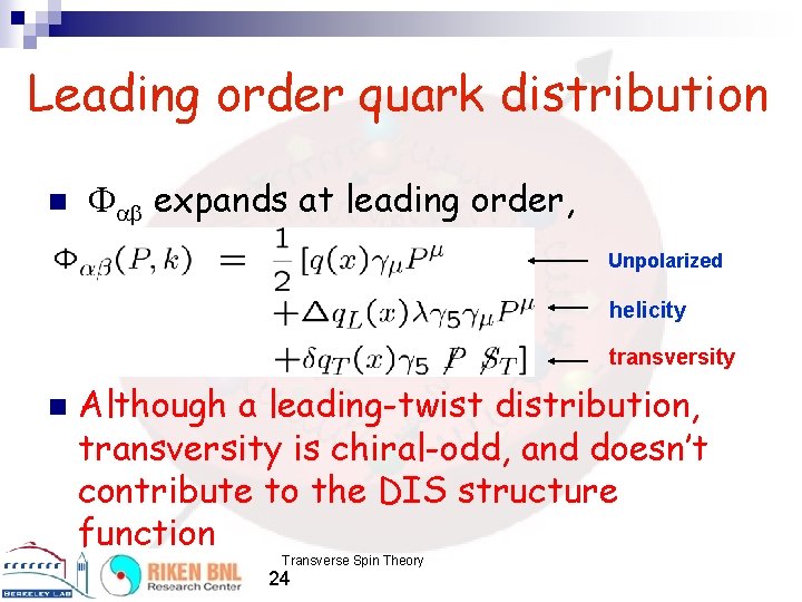 Leading order quark distribution n expands at leading order, Unpolarized helicity transversity n Although