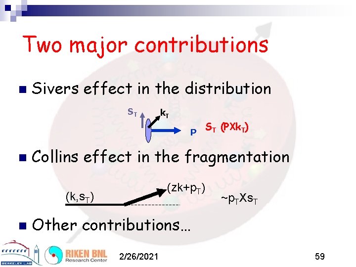 Two major contributions n Sivers effect in the distribution ST k. T P n
