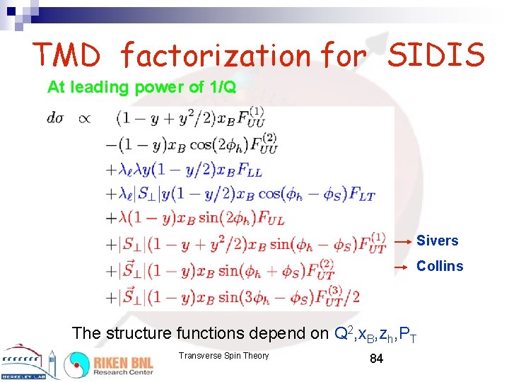 TMD factorization for SIDIS At leading power of 1/Q Sivers Collins The structure functions